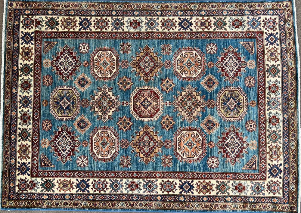 SS051722T265 Super Kazak Afghan Blue White Red 5-1x7 | Manoukian Rugs™